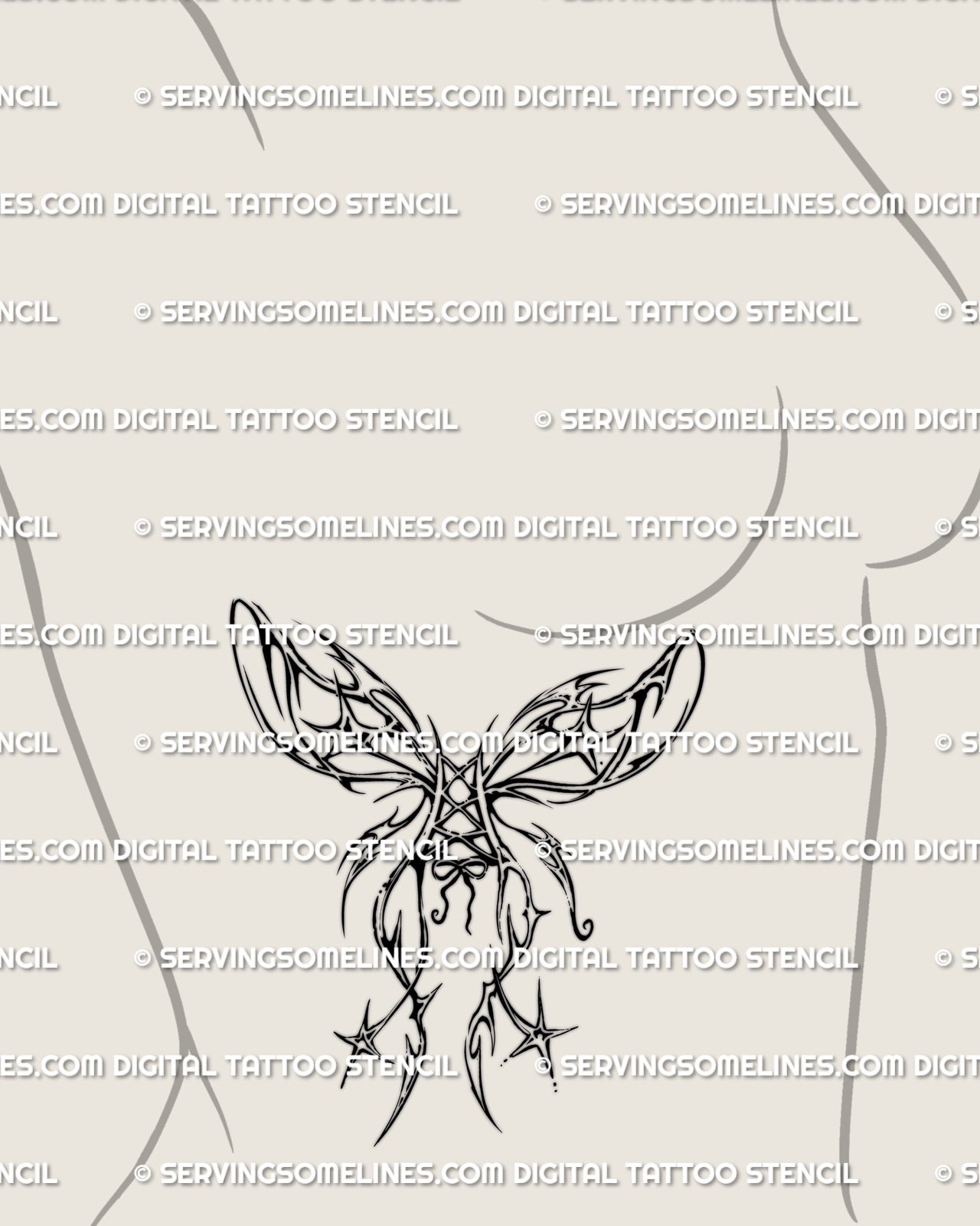 Outlined wings tattoo shown on women’s ribs placement with a symmetrical cyber tribal wing shape and ribbon center