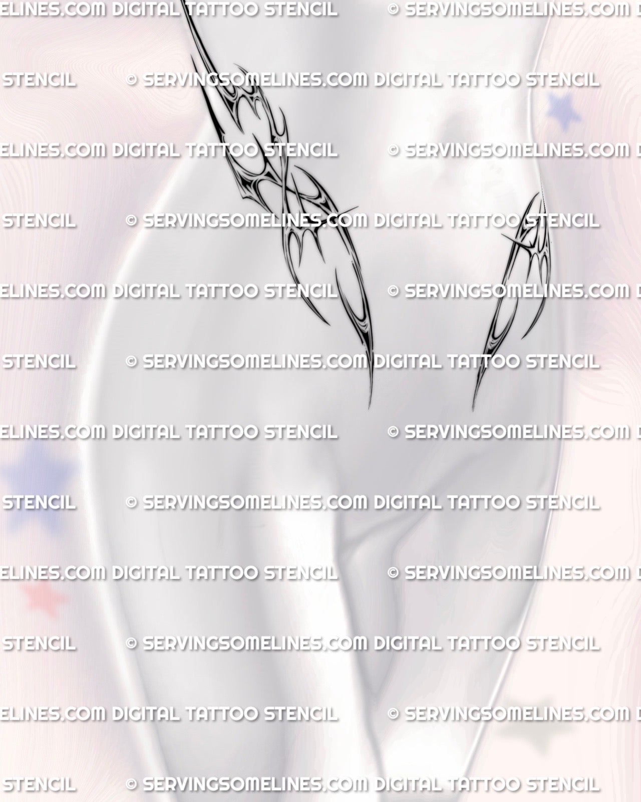 lower waist cybersigilism tattoo outline on woman with bold neotribal curves shaped for stomach and hip contouring