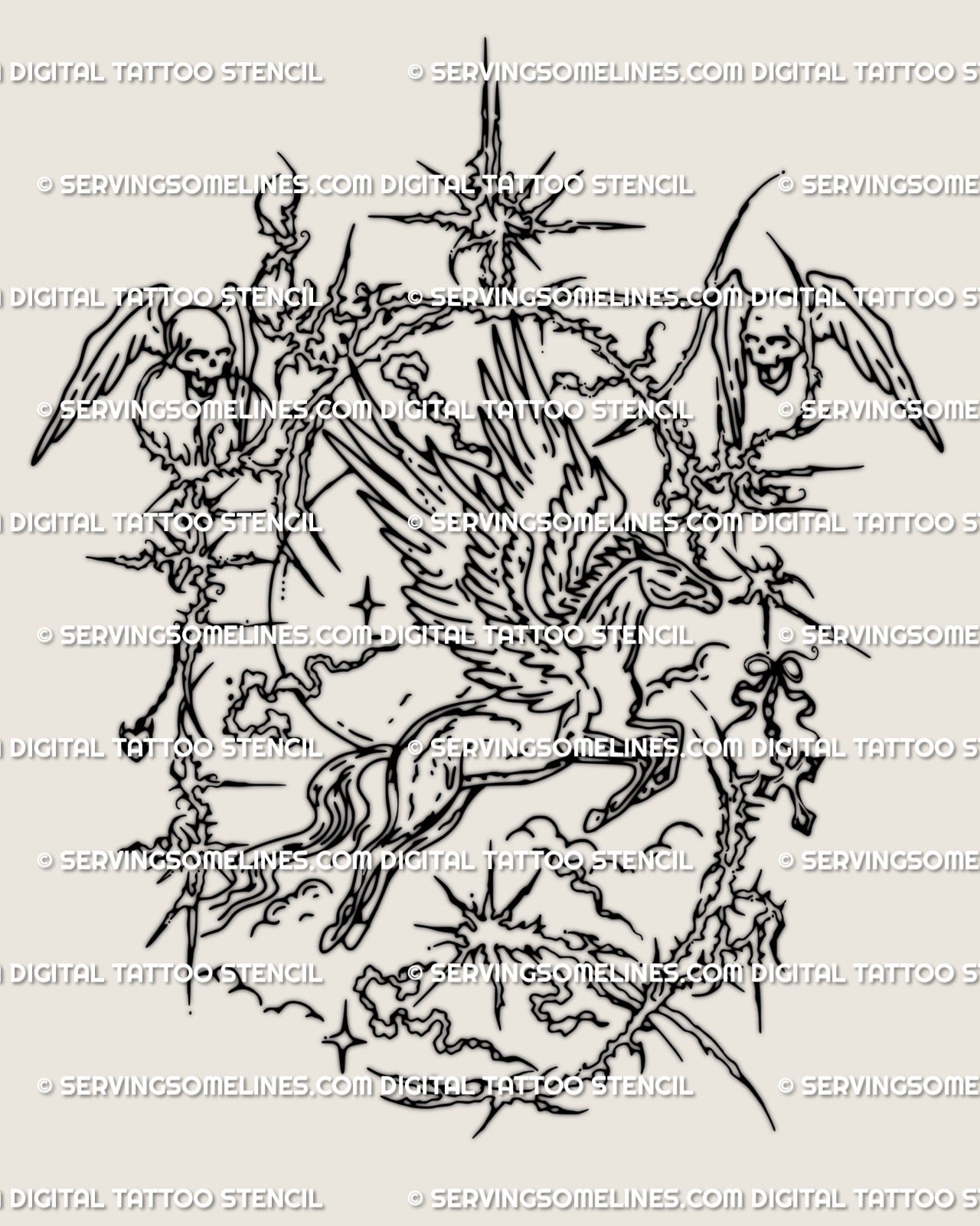 Detailed cybersigilism Pegasus backpiece design with angel wings, skulls, and celestial gothic elements in fine black lineart.