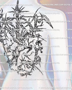 Cybersigilism Pegasus tattoo backpiece preview showing angel wings, skulls, and gothic fantasy linework flow on upper back area.