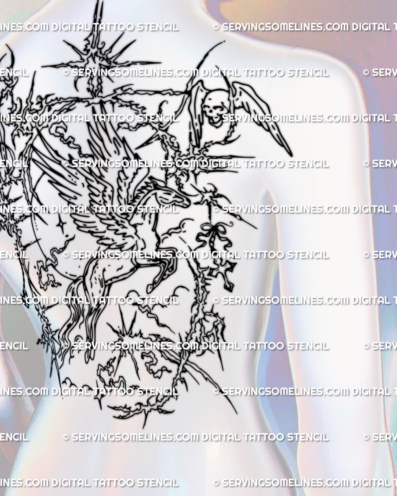 Cybersigilism Pegasus tattoo backpiece preview showing angel wings, skulls, and gothic fantasy linework flow on upper back area.