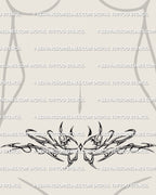 butterfly womb tattoo shown on lower belly placement with spiky tribal wings, feminine pelvic design trending for modern aesthetic tattoos