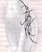 Cyber sigilism tattoo shown from waist into pelvic thigh, chrome inspired linework and spiky ornamental shapes following the female side body contour