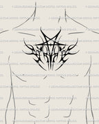 Neotribal pentagram chest tattoo idea for men, gothic star with tribal flames centered high on chest, bold occult design for digital stencil download.