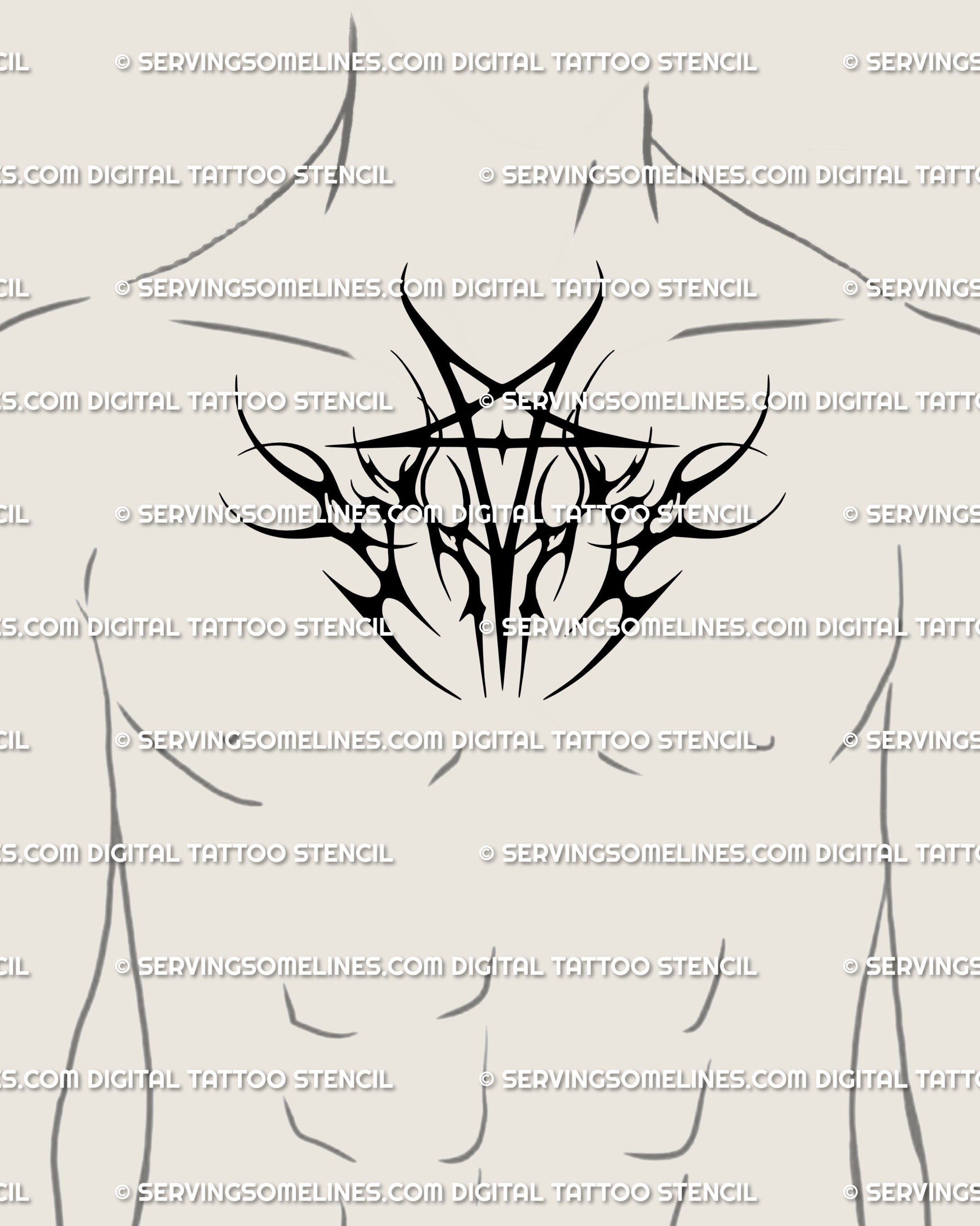 Neotribal pentagram chest tattoo idea for men, gothic star with tribal flames centered high on chest, bold occult design for digital stencil download.