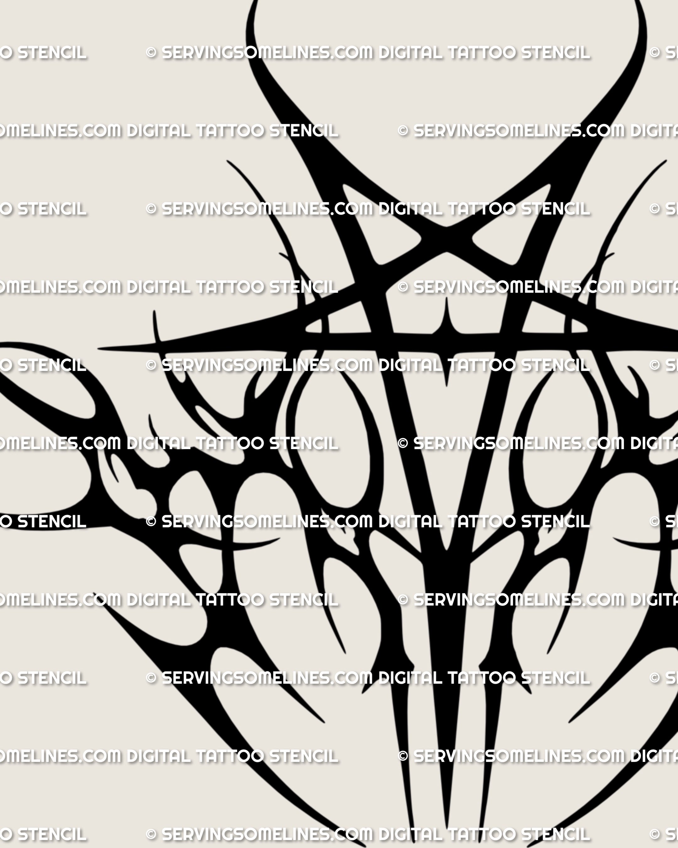 Close-up of pentagram tattoo stencil with sharp neotribal flames and gothic aura, occult star design for digital download, printable stencil quality.