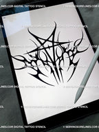 Pentagram tattoo stencil sketch shown on iPad, spiked neotribal star with gothic occult aura, flame tips, and cyber-sigil flow.
