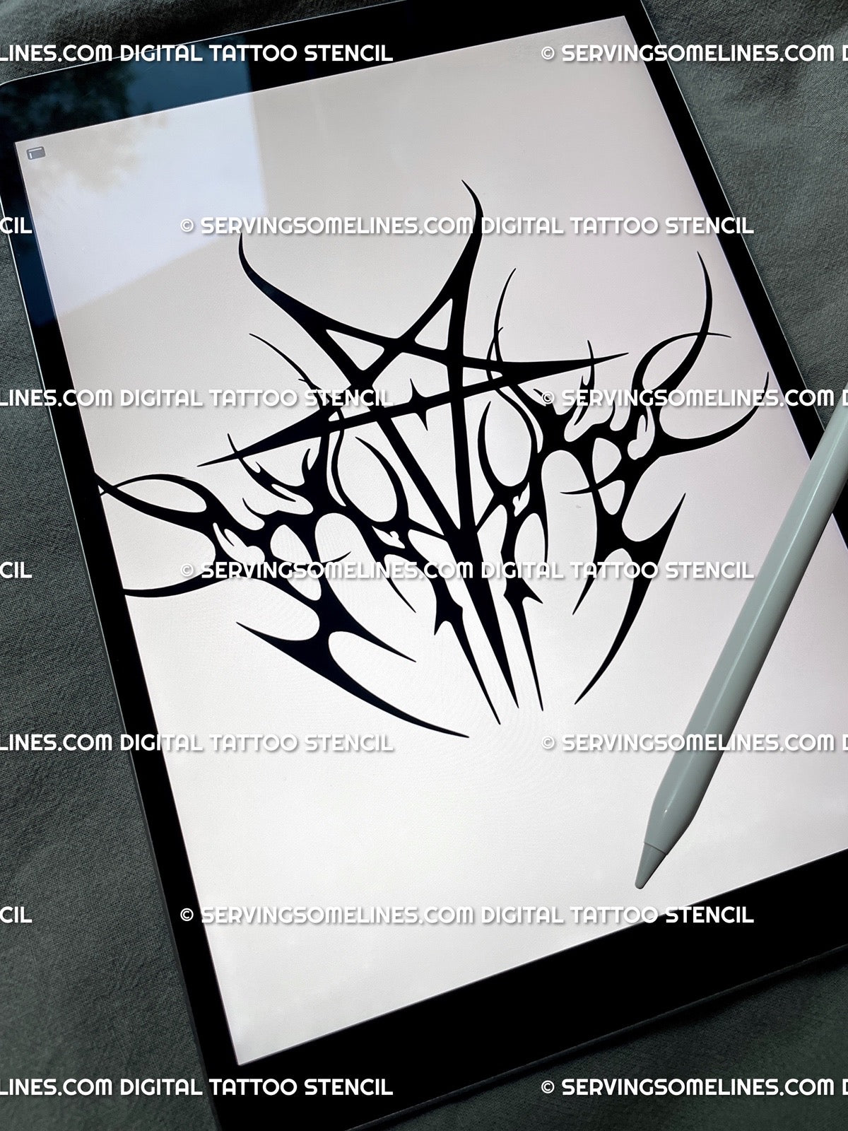 Pentagram tattoo stencil sketch shown on iPad, spiked neotribal star with gothic occult aura, flame tips, and cyber-sigil flow.