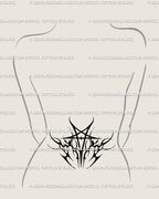 Unique pentagram tramp stamp tattoo stencil in gothic neotribal flame style, occult lower back star design offered as instant digital download file.
