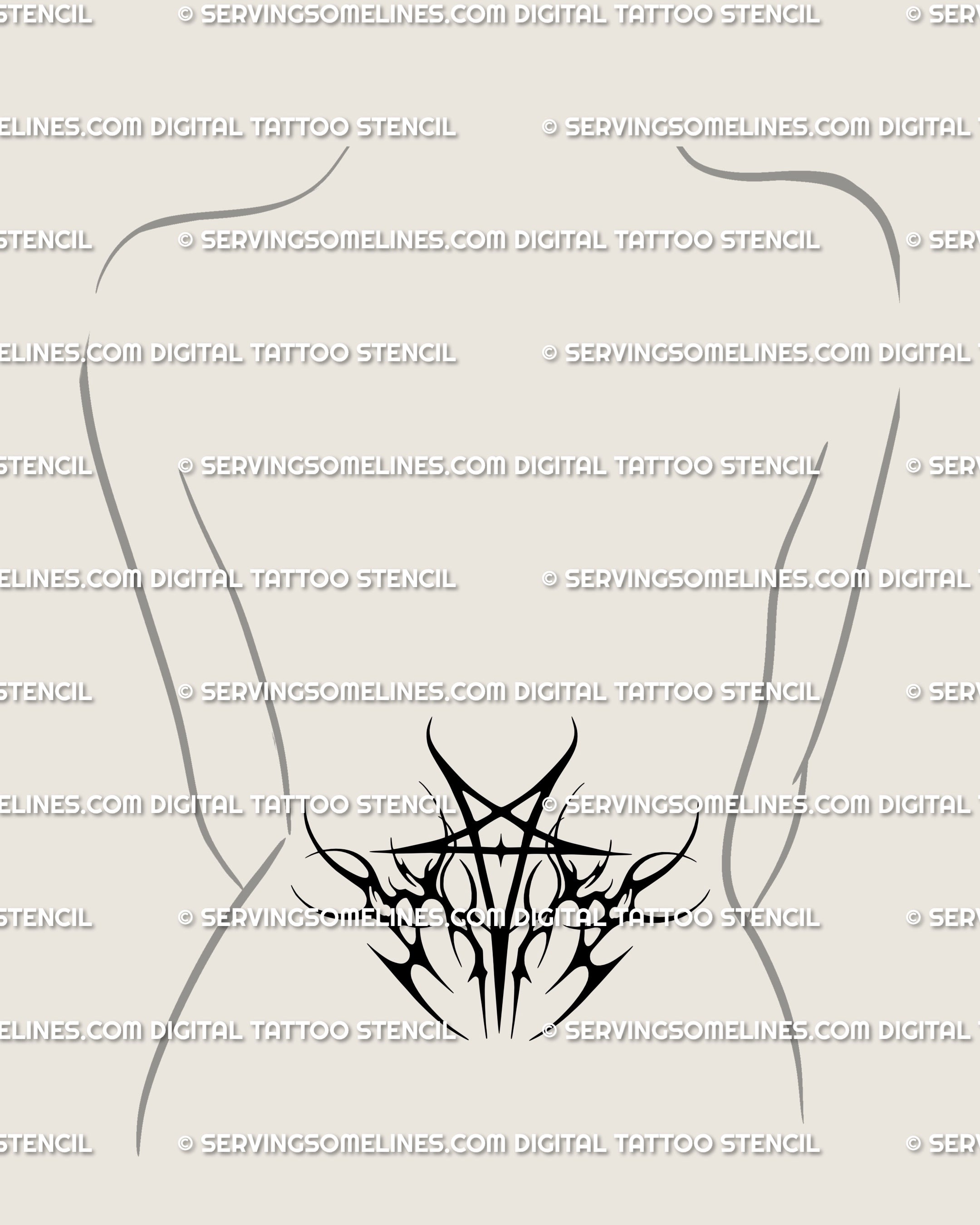 Unique pentagram tramp stamp tattoo stencil in gothic neotribal flame style, occult lower back star design offered as instant digital download file.
