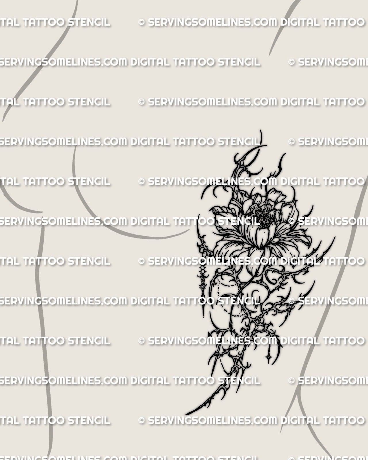 Cybersigilism peony tattoo stencil displayed on ribs placement example, high resolution stencil download