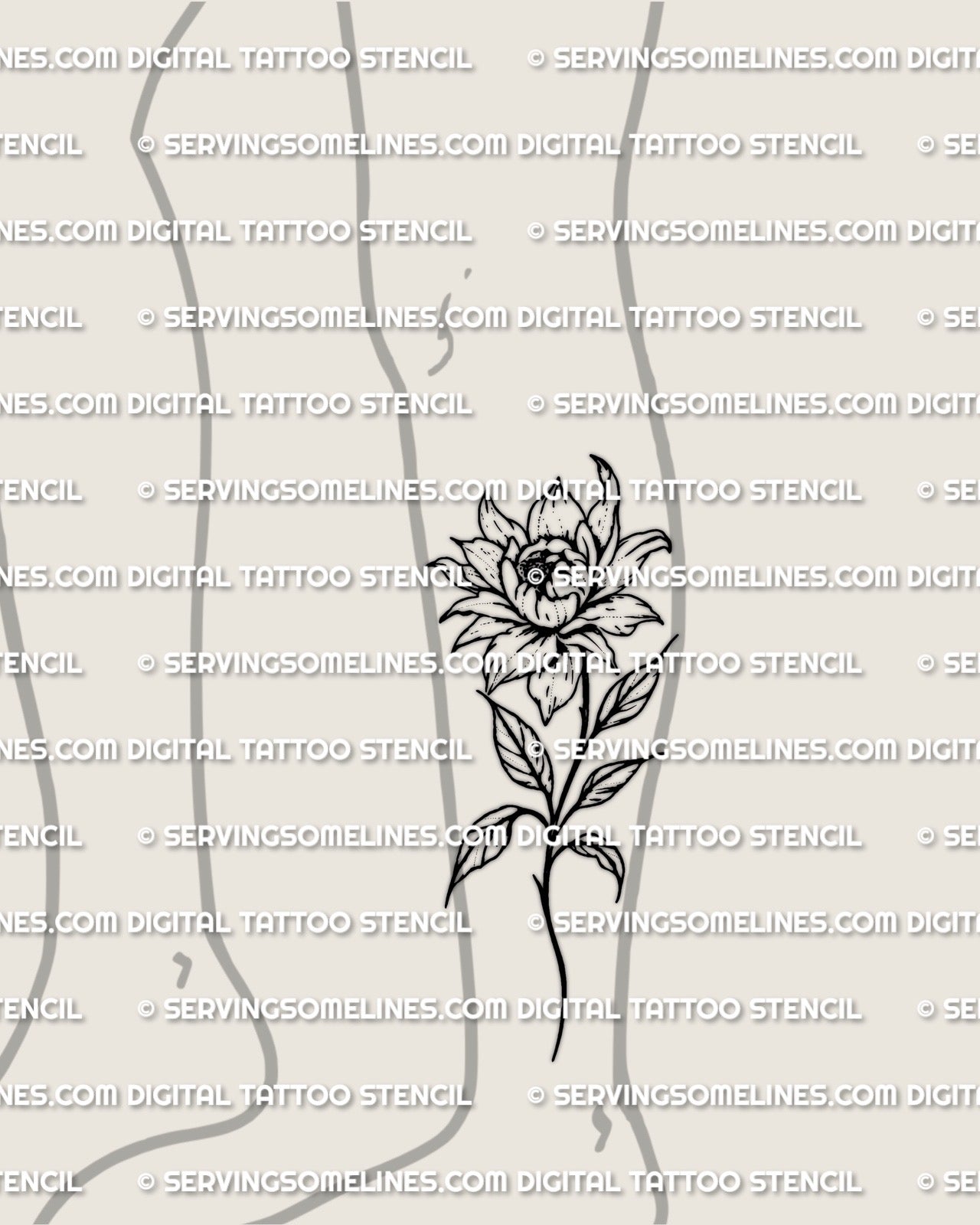 Peony tattoo stencil displayed on calf placement example, tall stem flow, layered bloom, printable stencil file.