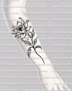 Peony tattoo stencil shown on forearm placement example, full bloom linework, floral peony stencil download.