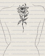 Peony tattoo stencil displayed on upper back spine placement example, rounded bloom, clean linework stencil file.