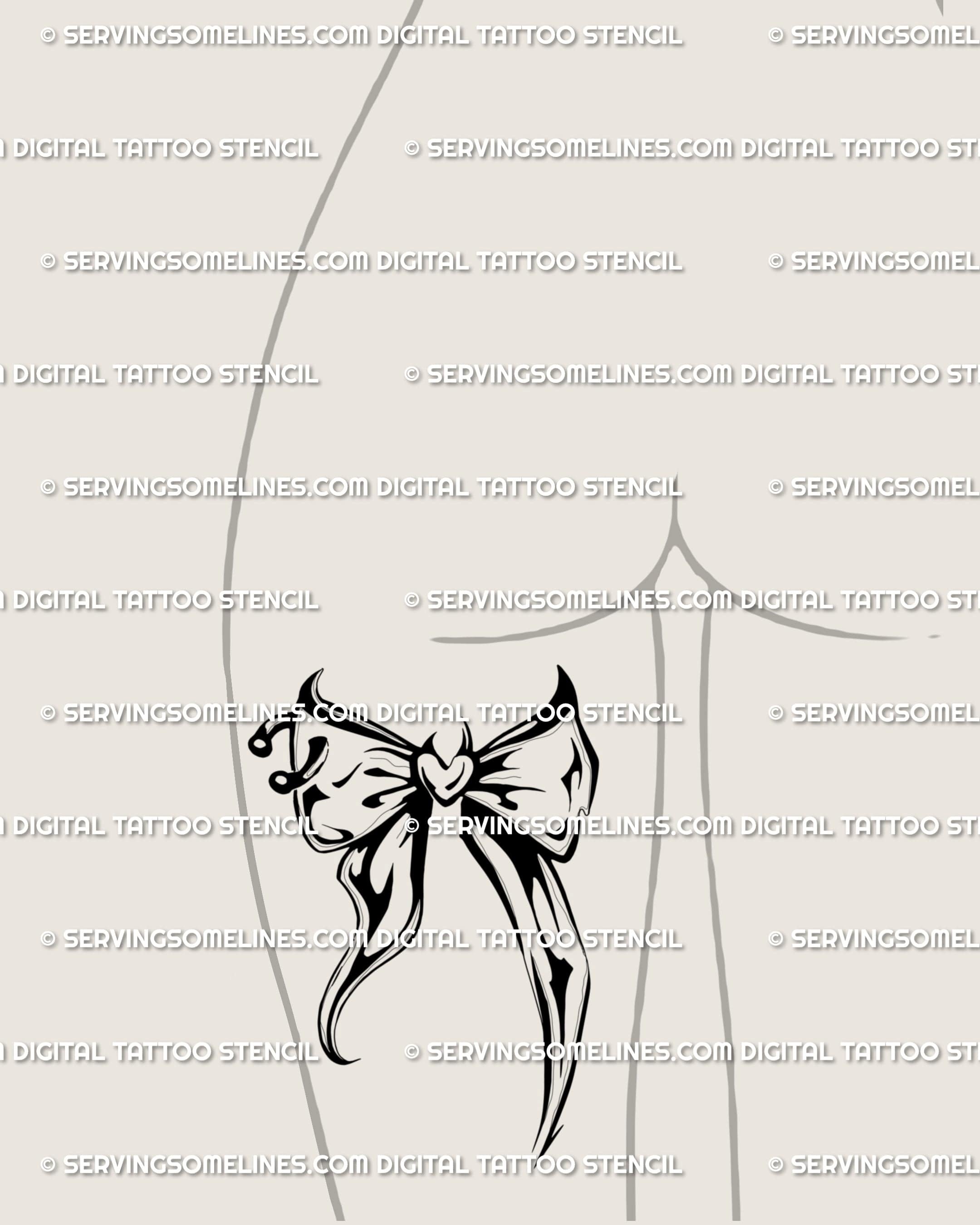 Pierced bow tattoo stencil shown on back of thigh girl placement example, dark ribbon bow design with printable files.