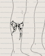 Pierced ribbon bow stencil shown on side under-knee placement example, compact dark bow tattoo download files.