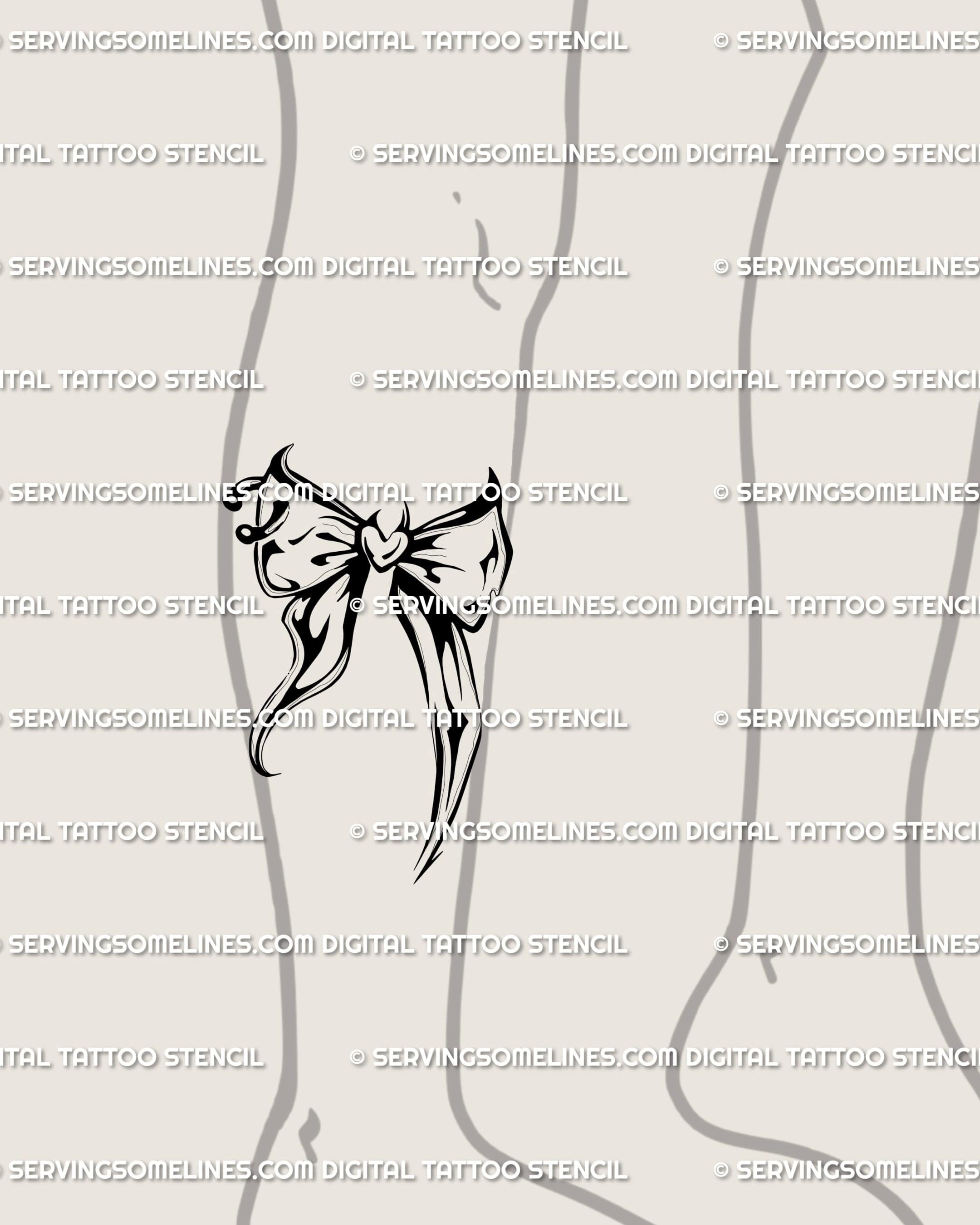 Pierced ribbon bow stencil shown on side under-knee placement example, compact dark bow tattoo download files.