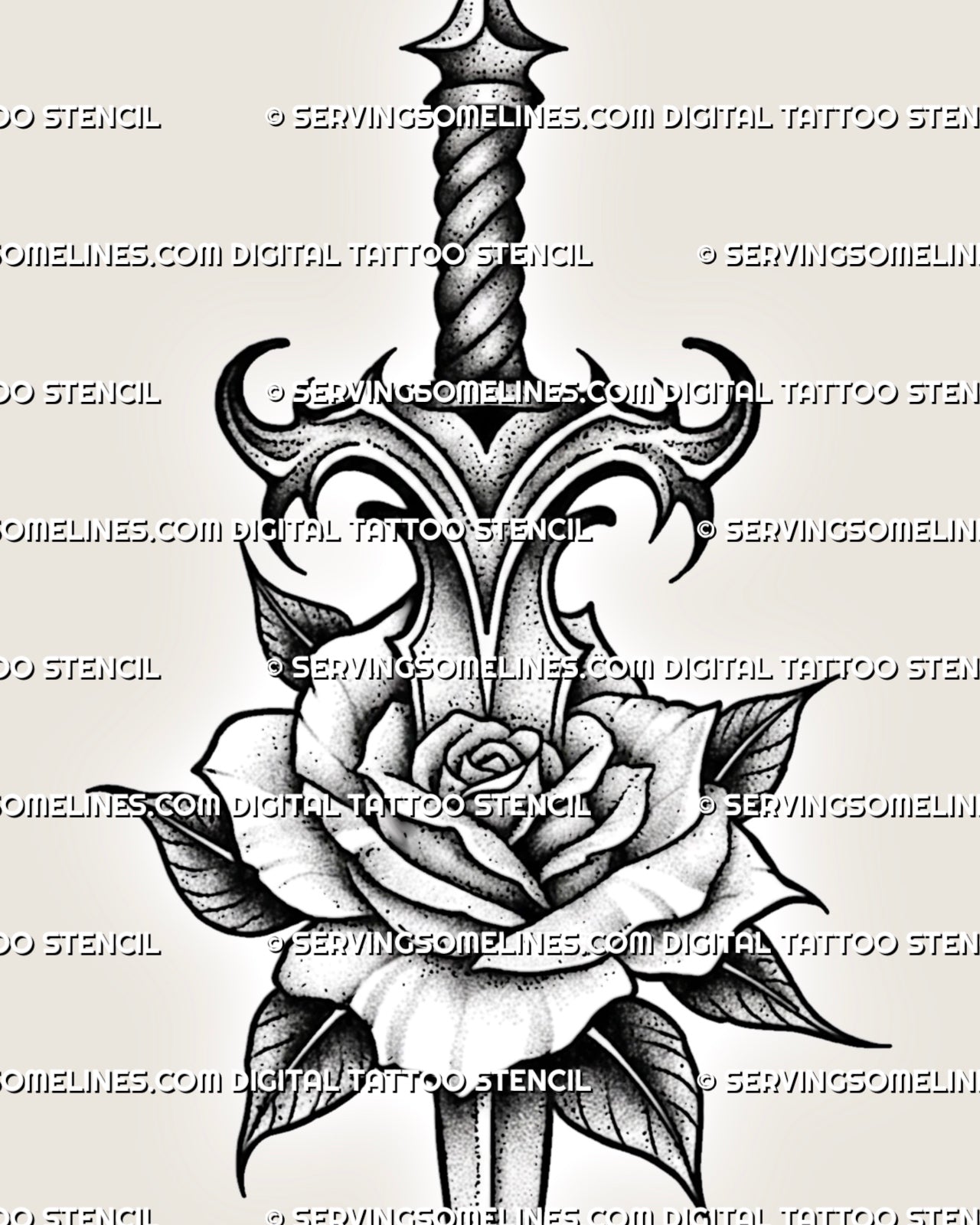 Closeup detail of pierced rose dagger tattoo stencil, rose head center with blade passing through, crisp line preview.