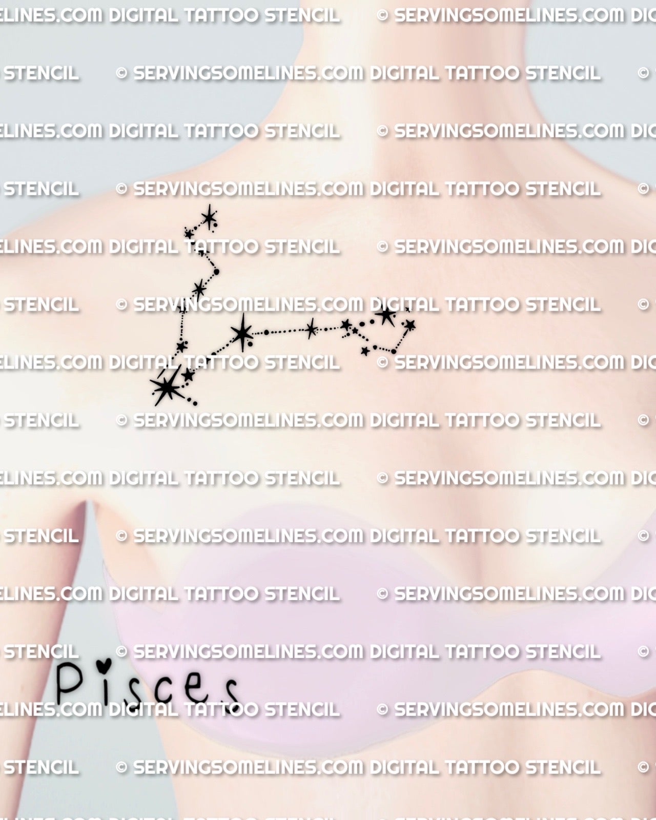 Pisces constellation tattoo stencil displayed on collarbone placement for women, subtle zodiac stars, printable PNG JPEG PDF.