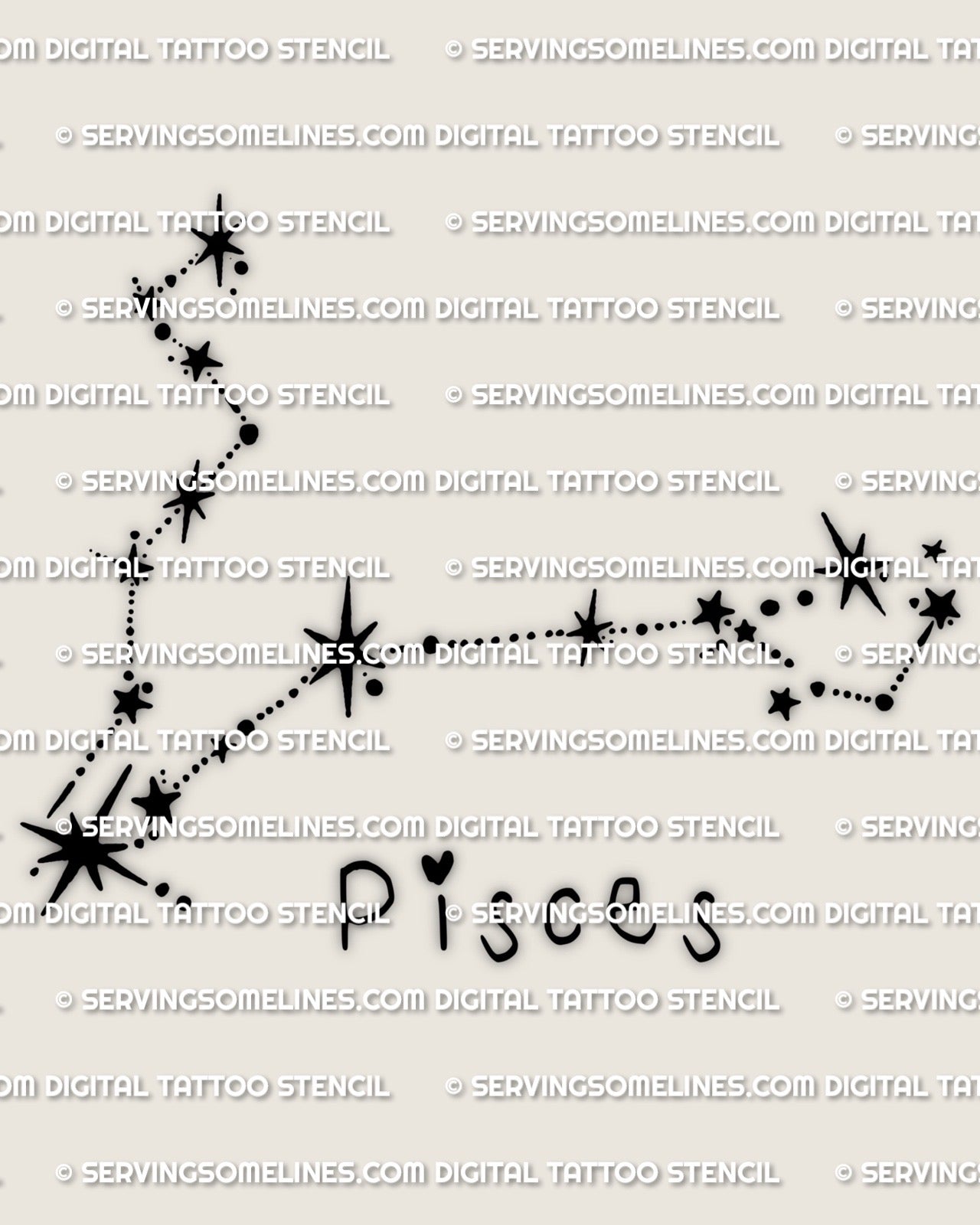 Pisces constellation tattoo stencil, minimalist zodiac star layout, instant download PNG PDF, clean line path for artists.