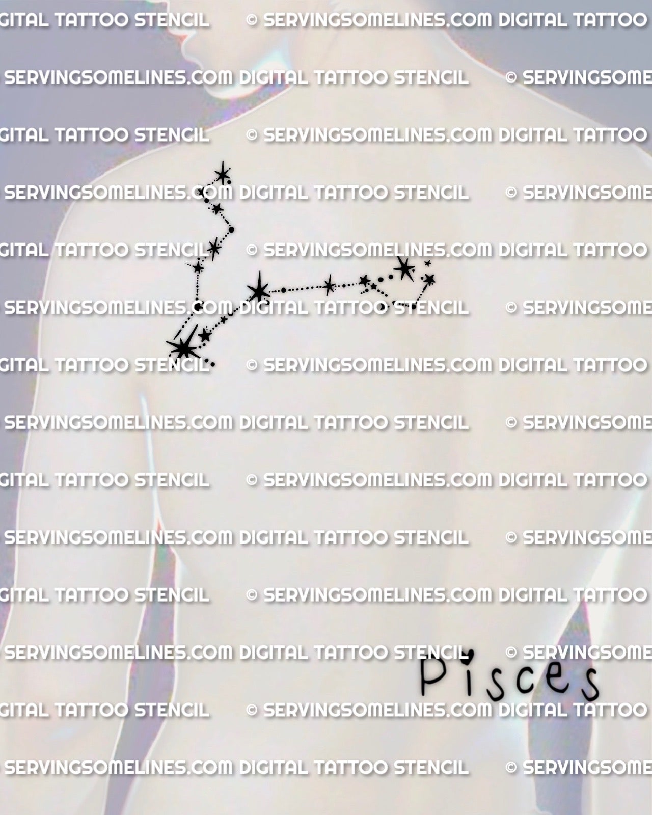 Pisces constellation tattoo stencil shown on men shoulder placement, minimal star points and linework, digital download files.