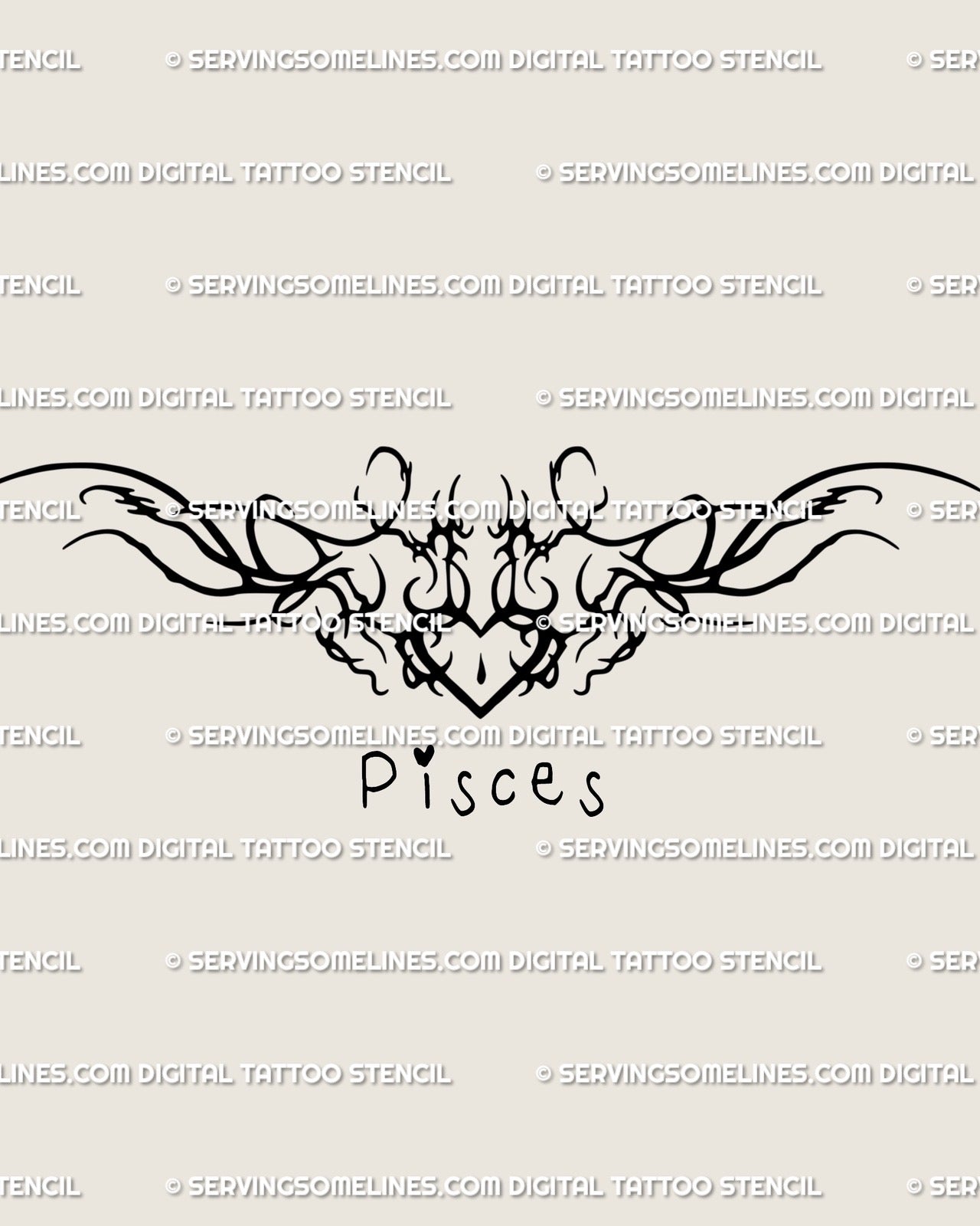 Pisces cyber sigilism heart tattoo stencil with fluid neotribal lines, digital zodiac design inspired by water sign balance.
