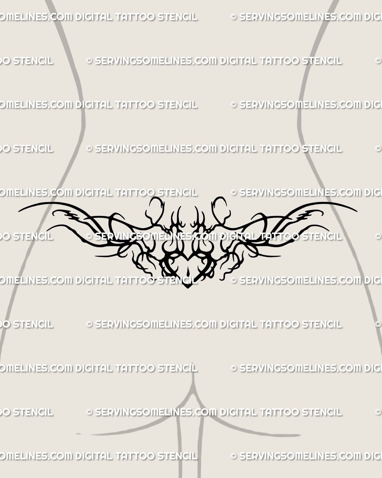 Lower back Pisces tattoo stencil in cybersigilism style, symmetrical heart ornament with flowing water-sign linework. 