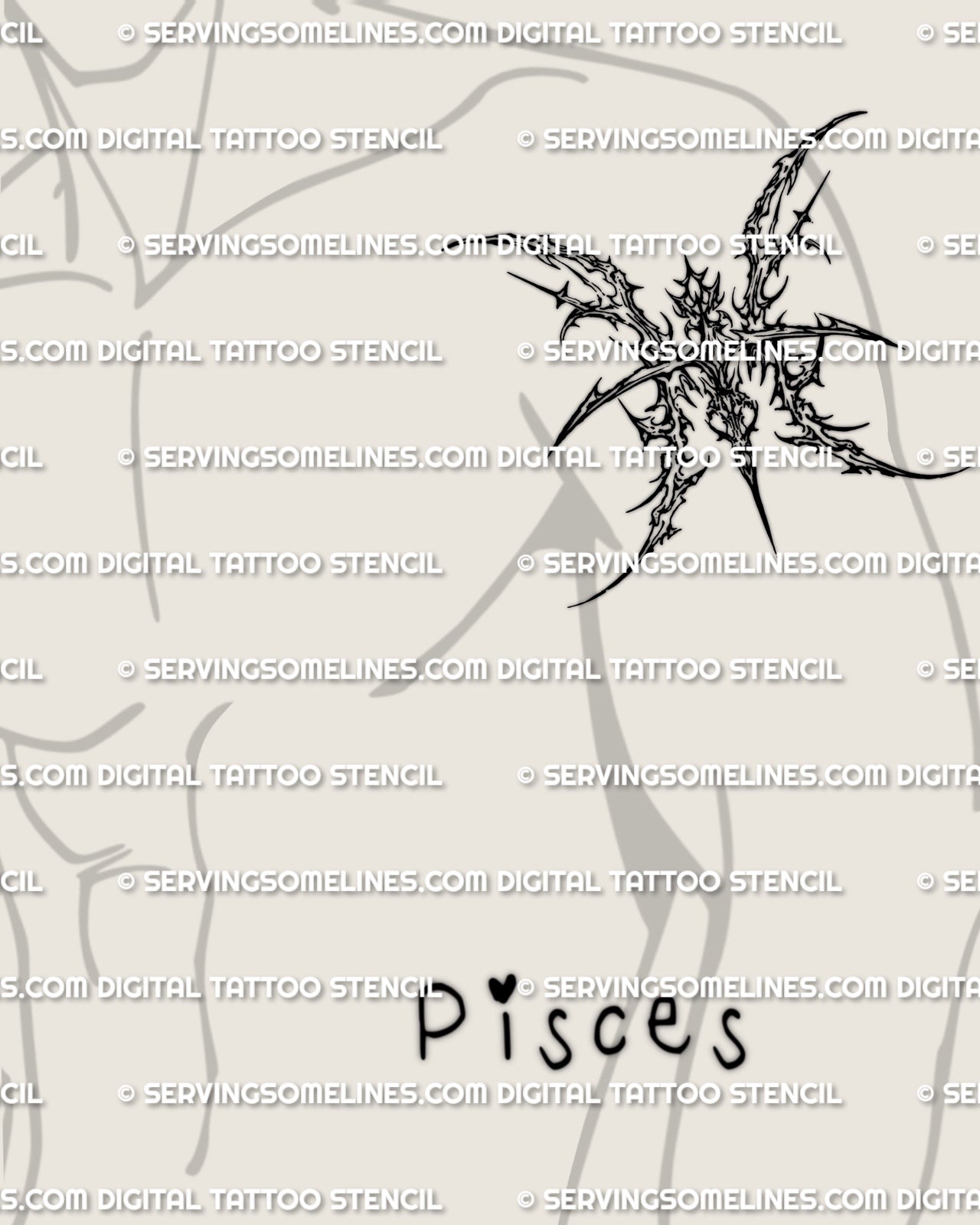 Pisces glyph tattoo stencil shown on men’s upper arm placement example, cybersigilism zodiac symbol download.