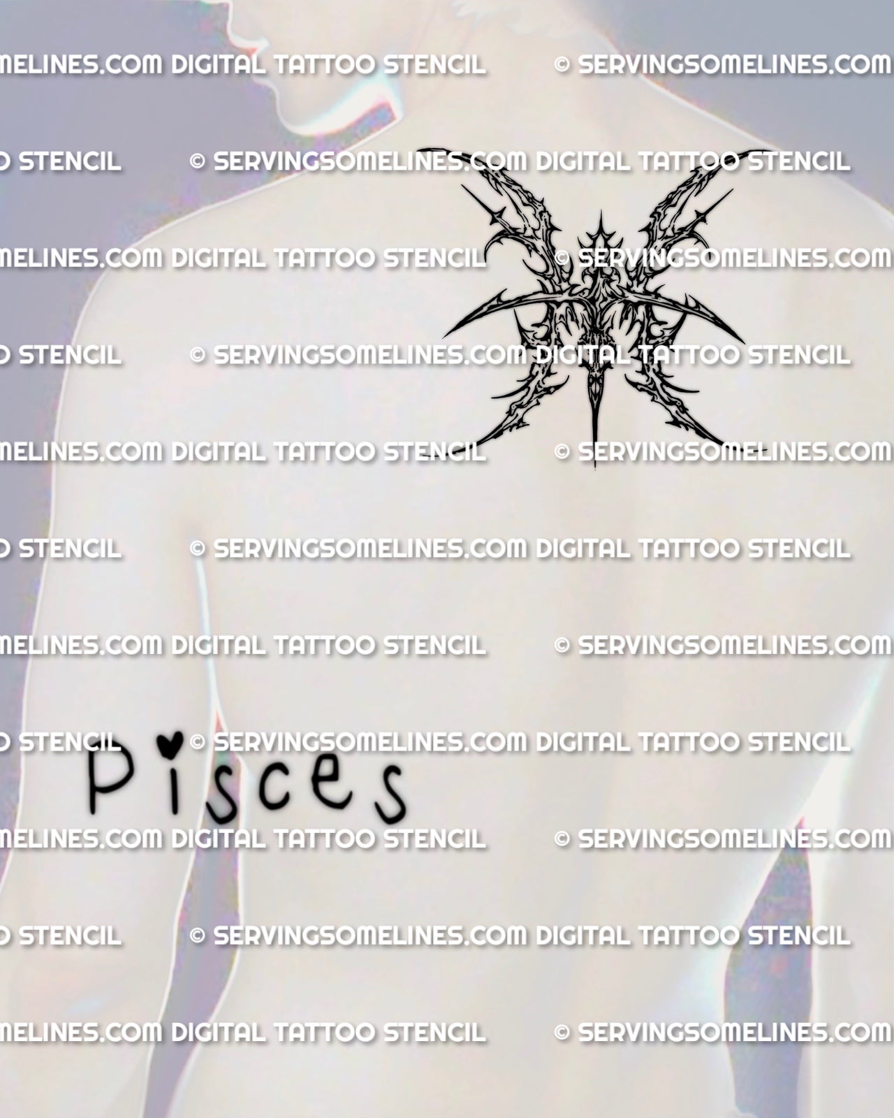 Pisces glyph tattoo stencil shown on upper back and back of neck placement example, cybersigilism zodiac symbol download.