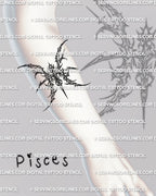 Cybersigilism Pisces tattoo stencil displayed on forearm placement example, mirrored Pisces glyph design.