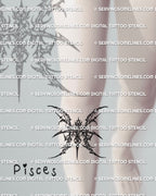 Pisces symbol tattoo stencil shown on under knee shin placement example, cyber sigil Pisces glyph.