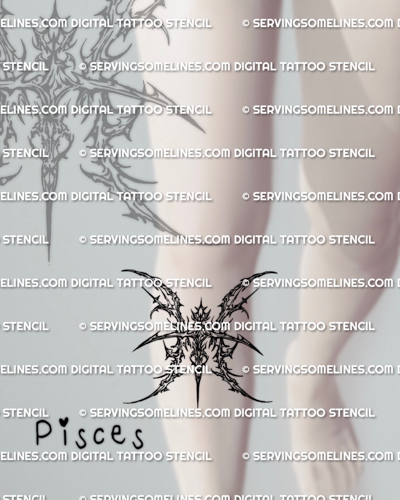 Pisces symbol tattoo stencil shown on under knee shin placement example, cyber sigil Pisces glyph.