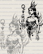 Card suit heart tattoo stencil featuring a queen silhouette, bold black shading, Q mark, and decorative heart details