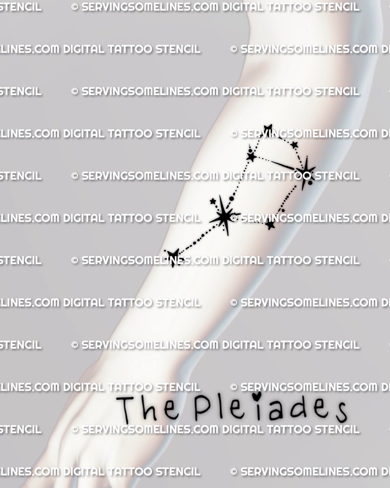 Pleiades star cluster tattoo stencil shown on forearm placement example, minimalist Seven Sisters constellation design download.