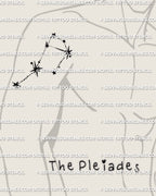 Pleiades constellation tattoo stencil displayed on men’s upper arm placement example, Seven Sisters star cluster linework design.