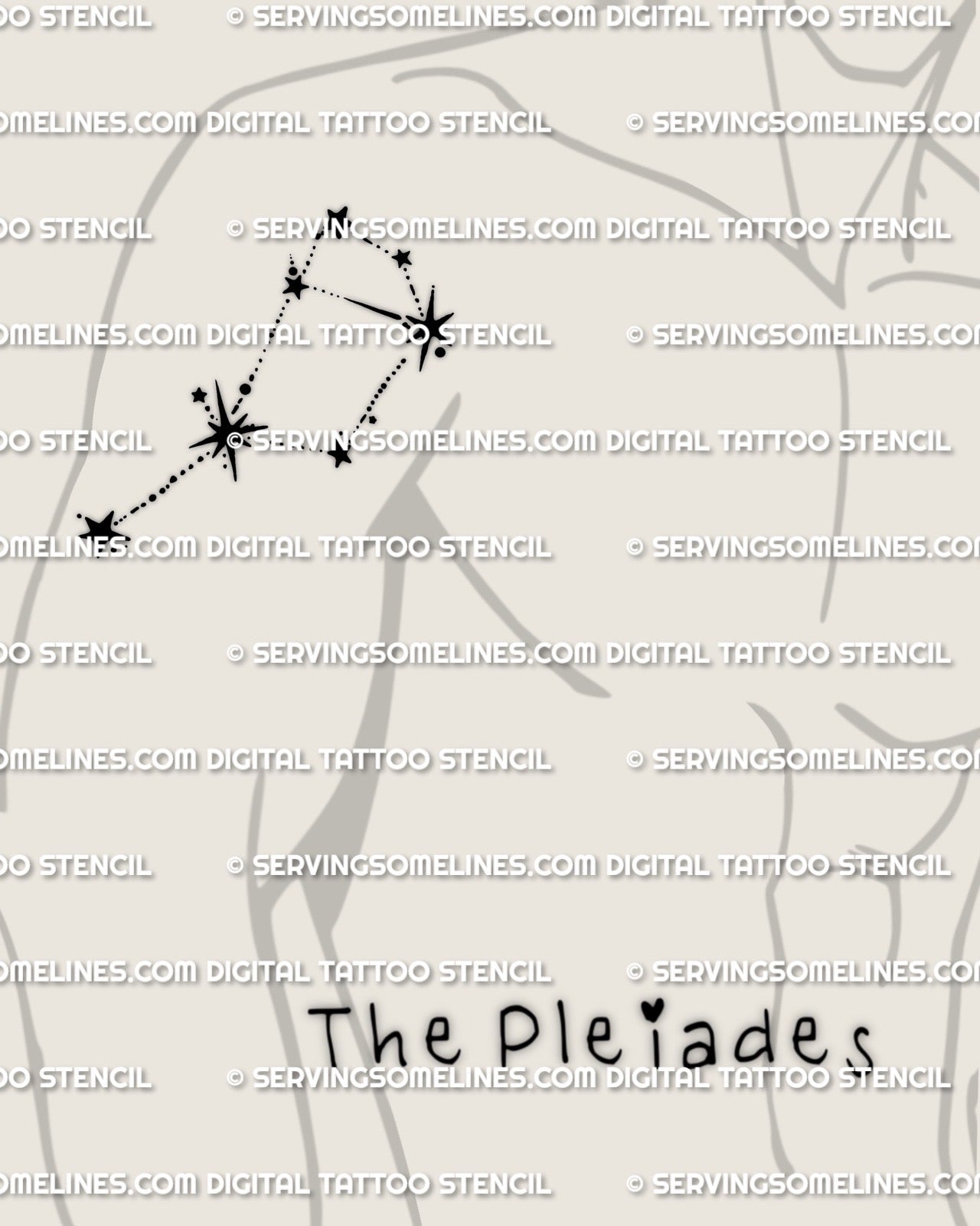 Pleiades constellation tattoo stencil displayed on men’s upper arm placement example, Seven Sisters star cluster linework design.