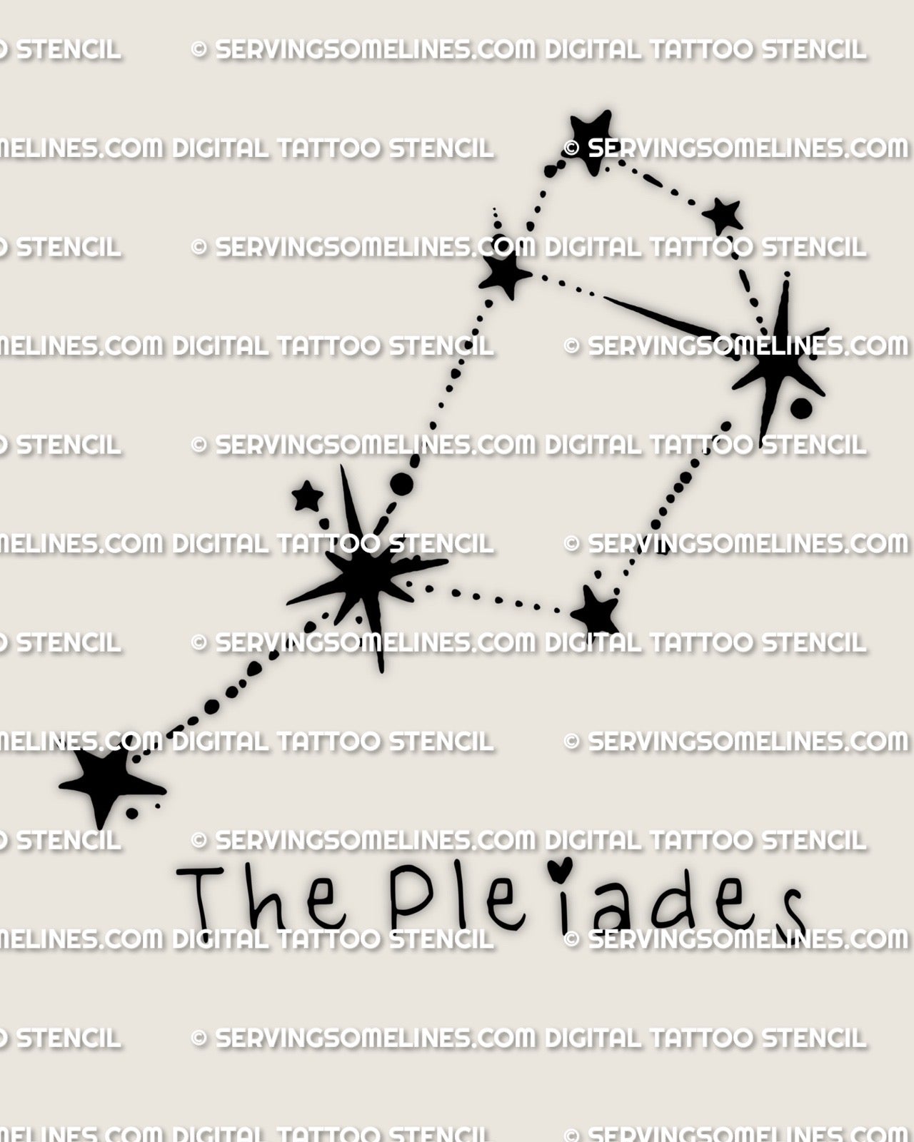 Pleiades constellation tattoo stencil design, Seven Sisters star cluster, instant download PNG JPEG PDF for stencil use.
