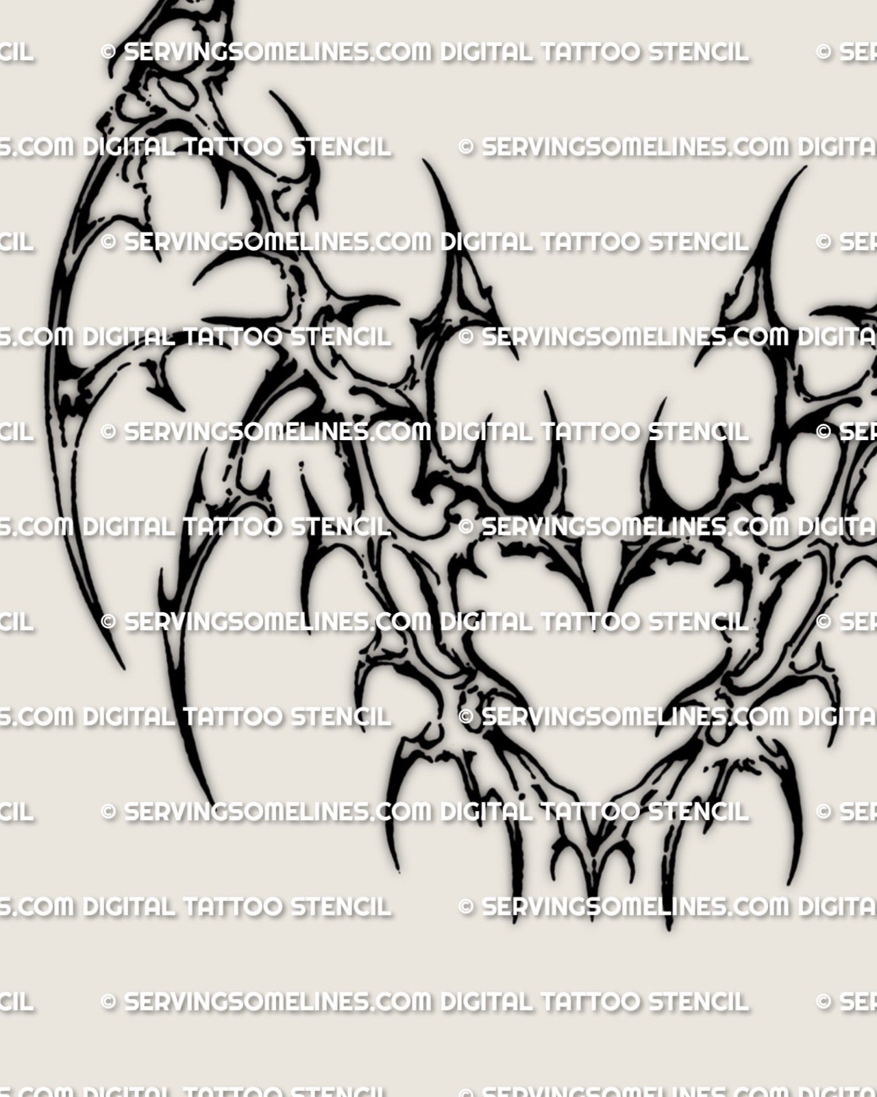 Pointed cyber underknee tattoo stencil design with a symmetrical layout, tall outer arcs, and a spiky heart-shaped middle