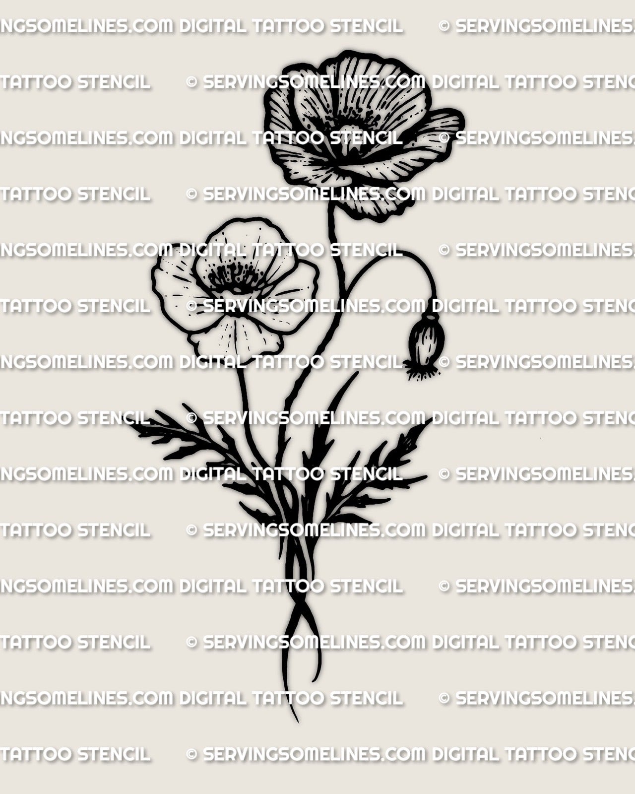 Black poppy tattoo stencil, single poppy flower stem with ruffled petals and clear poppy center, high contrast linework for transfer.