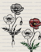 Poppy tattoo stencil set, black and color versions of a poppy flower stem, clean petals and distinct center, digital stencil download.