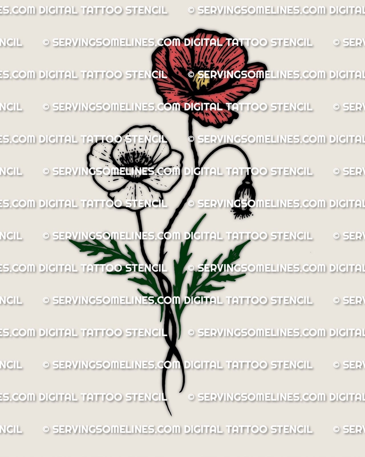 Color poppy tattoo stencil, red bloom with green stem and leaves, poppy flower stencil design for floral tattoo placement planning.