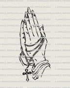 Praying hands cross tattoo stencil design with clean linework and dangling cross symbol, ideal for faith or memorial tattoo. 