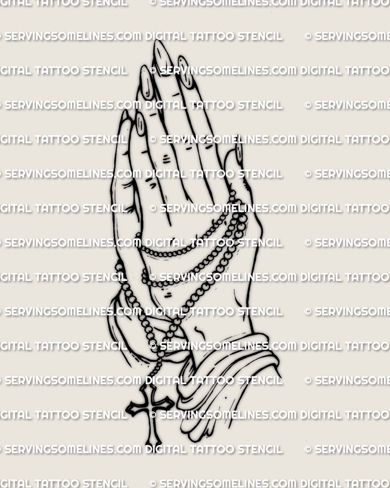 Praying hands cross tattoo stencil design with clean linework and dangling cross symbol, ideal for faith or memorial tattoo. 