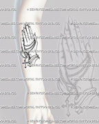 Praying hands cross tattoo stencil shown on forearm, with clean linework, clear cross detail, and vertical placement preview.