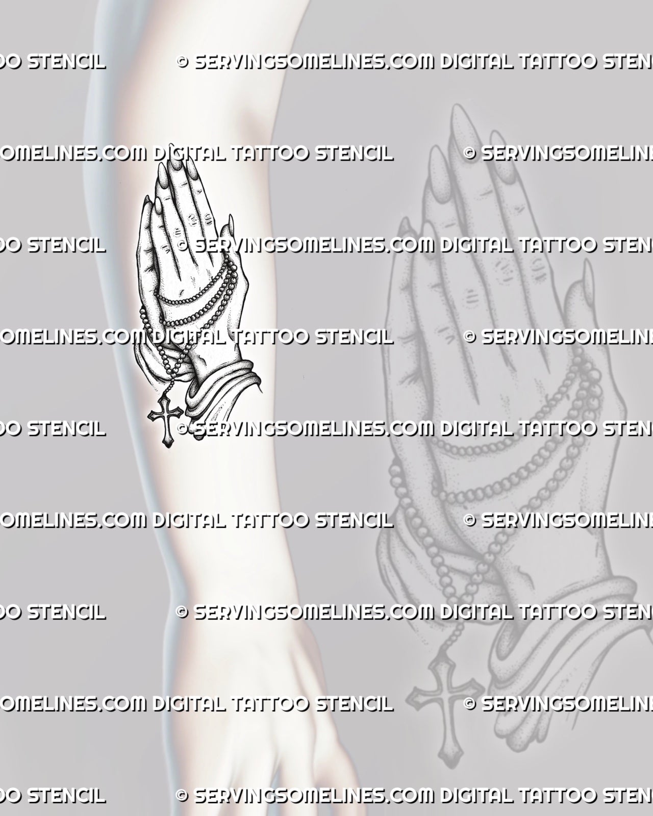 Praying hands cross tattoo stencil shown on forearm, with clean linework, clear cross detail, and vertical placement preview.