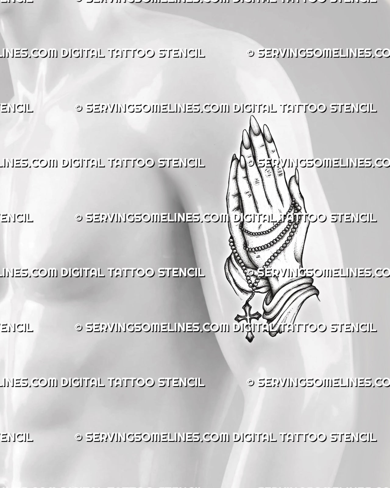 Devotional cross tattoo stencil shown on men's bicep, with praying hands focal point, clear base cross, and readable linework.