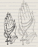 praying hands tattoo stencil with small cross element and fine line detail, printable digital design for tattoo artists.
