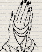Gothic praying hands rosary stencil with repeating beads, feminine hands pose, sharp silhouette, printable rosary hands stencil file design.