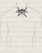 Protective eye tattoo stencil preview placed on back of neck, digital flash design featuring small angel wings and gothic seraphim flow. 