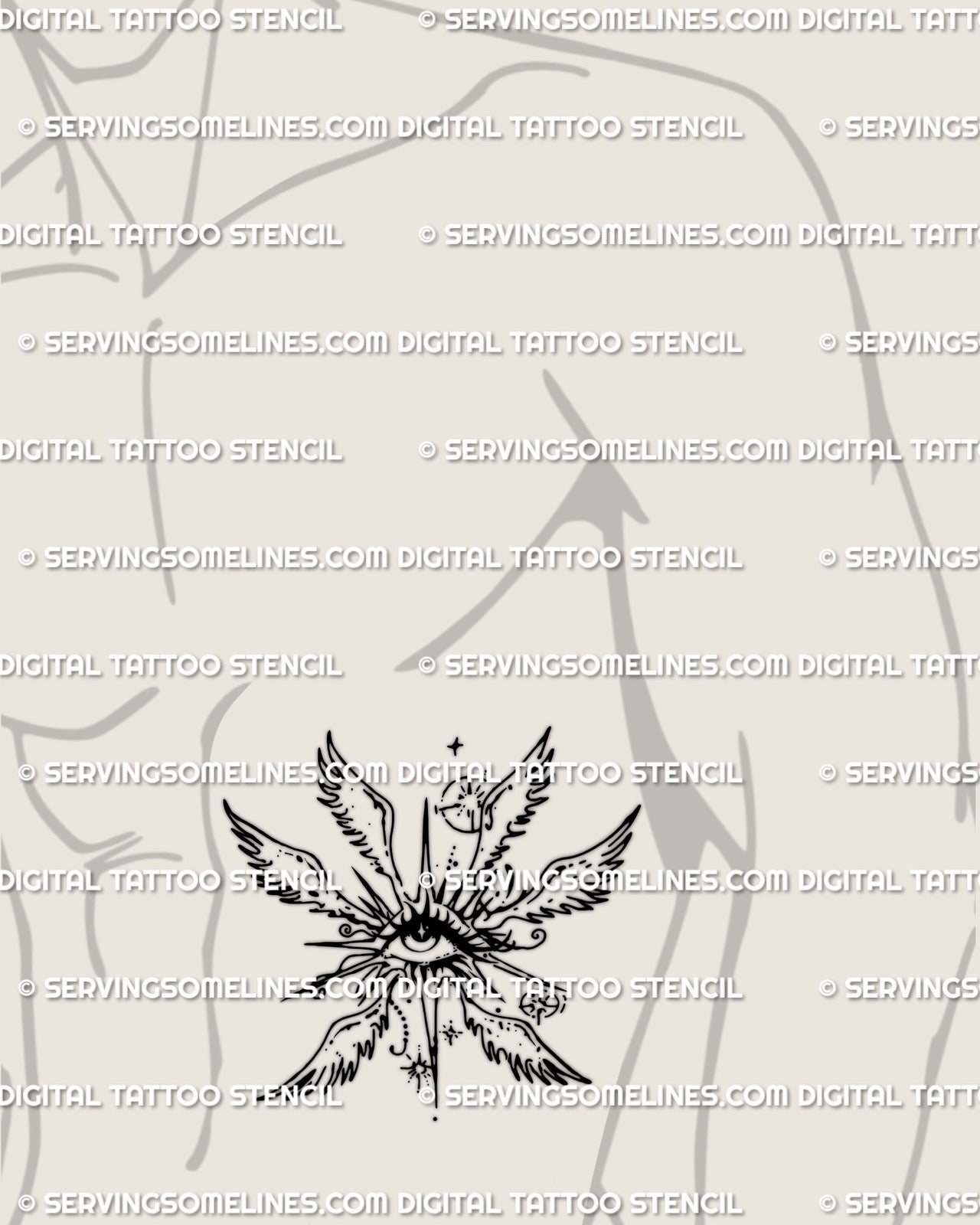 protective seraph eye with extended wings tattoo stencil displayed on mens side stomach and ribs for a broader layout